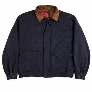Nautica Cotton Bomber Jacket – XL Navy Leather Collar Plaid Lining